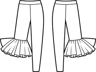 Flat sketch fashion pants with side ruffle flare, front and back view, stylish fitted trousers CAD illustration for design use
