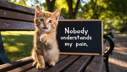 Sad kitten expresses loneliness on a park bench with a profound message