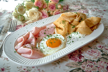 Delicious Breakfast Platter Featuring Fried Egg, Ham, and Savory Crepes Garnished with Fresh Herbs on a Floral Tablecloth
