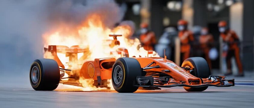 Burning Race Car: A high-octane racing car is engulfed in flames after an accident on the racetrack, with the pit crew observing the dramatic scene with concern.