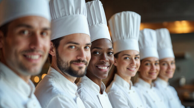 Close-up portrait of a group of professional chefs in clean white uniforms and tall chef hats