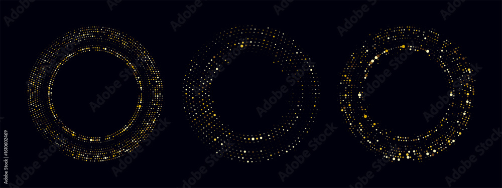 Poster halftone golden border with abstract dot pattern on a glitter background. circular vector frame with