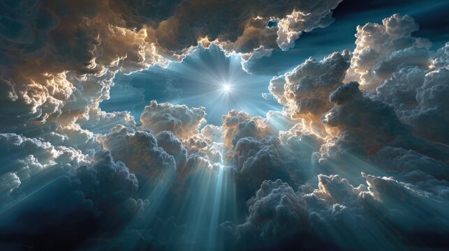 Blue sky with clouds and sun rays with shiny bokeh lights nature weather spring and summer day time social media background