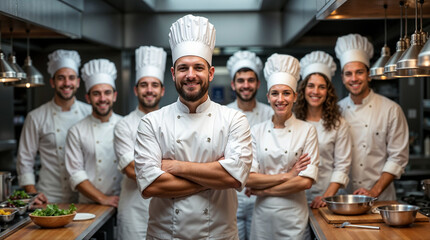 Professional chef standing proudly with his diverse team of kitchen staff and assistants in a modern commercial restaurant kitchen