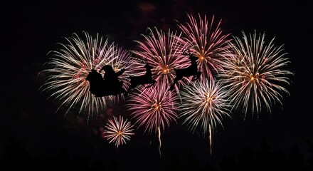Santa's sleigh soaring through fireworks at night, Christmas celebration, holiday fun, joy!