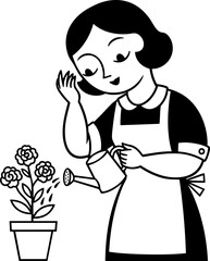Vintage Woman Watering Potted Flowers - Classic Housewife Gardening Scene