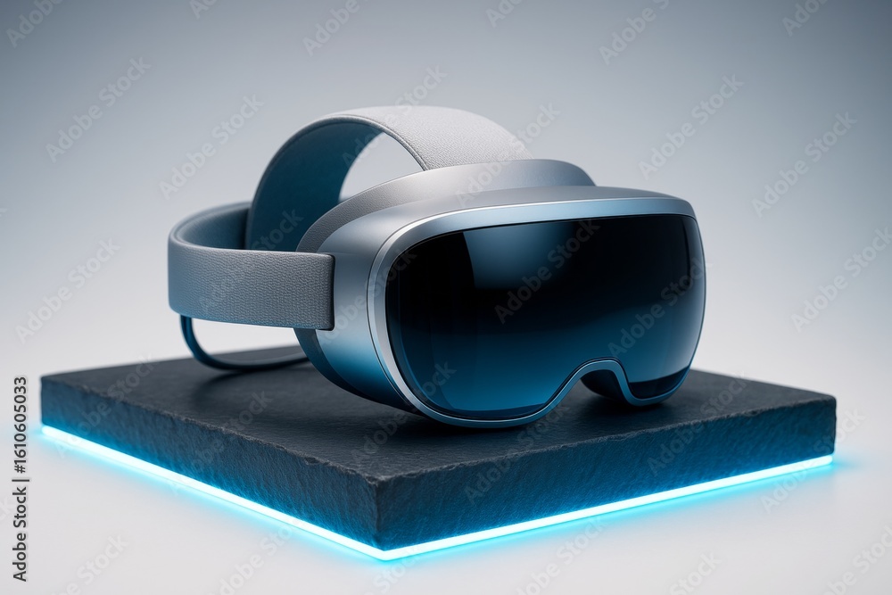 Poster futuristic virtual reality headset mockup on black platform with glowing base, minimal clean backgro