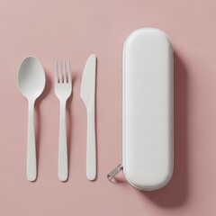 Photo of a white plastic spoon, fork, and knife are laid out next to a white portable travel case on a pink surface