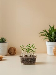 Small seedlings in a clear container with other plants on a beige surface and background indoors