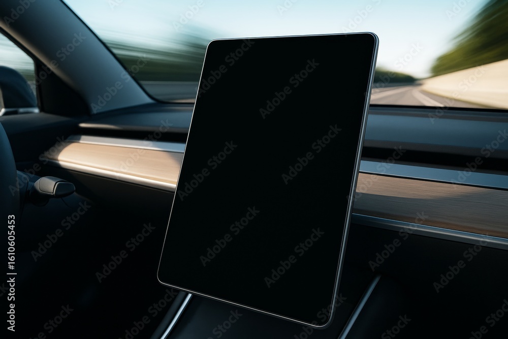 Poster blank touchscreen display mockup inside modern car interior with wood paneling and blurred motion ba