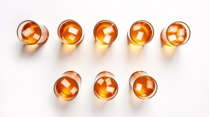 Eight Amber Drinks with Ice, Top View