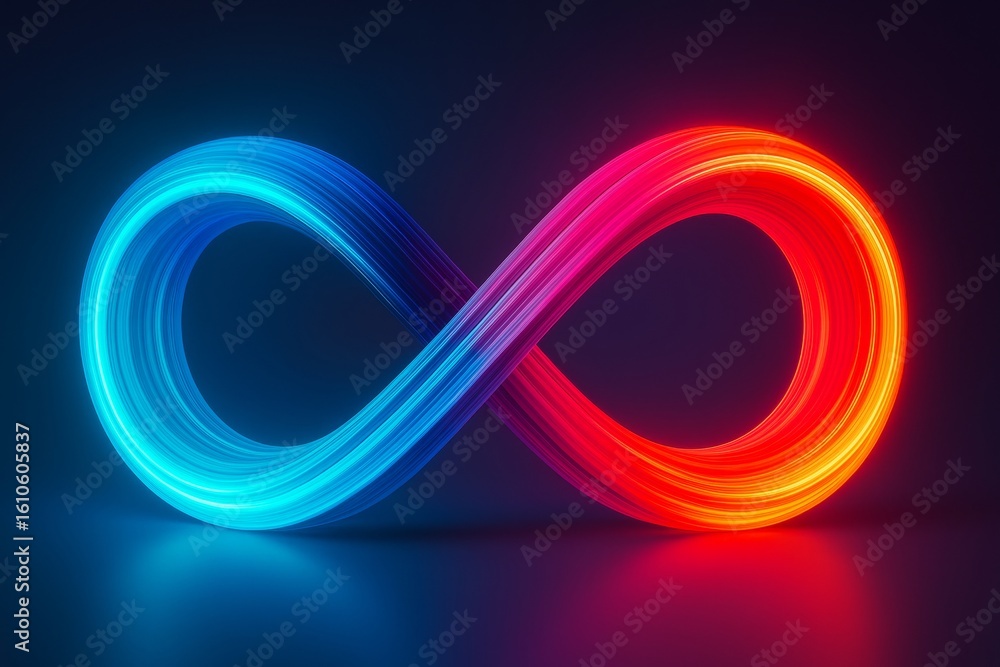 Poster abstract glowing infinity loop with vibrant blue and red light streaks on dark background, symbolizi