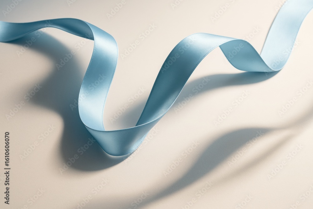 Poster elegant light blue ribbon flowing in curves on soft gradient background with shadow play and abstrac