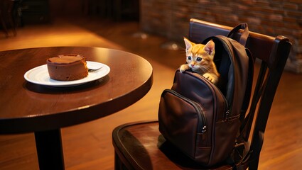 Curious chihuahua peeks out of backpack at cafe table with dessert