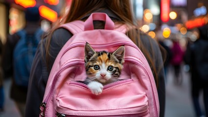 Curious kitten peeks out of a pink backpack on a busy city street
