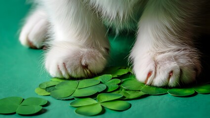 Fluffy white puppy paws stepping on a pile of green shamrocks