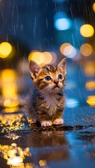 Adorable kitten sits in the rain with blurry city lights in the background