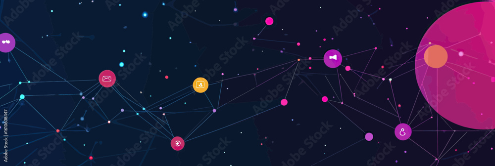 Poster abstract colorful social network connection illustration with digital communication icons on dark bl