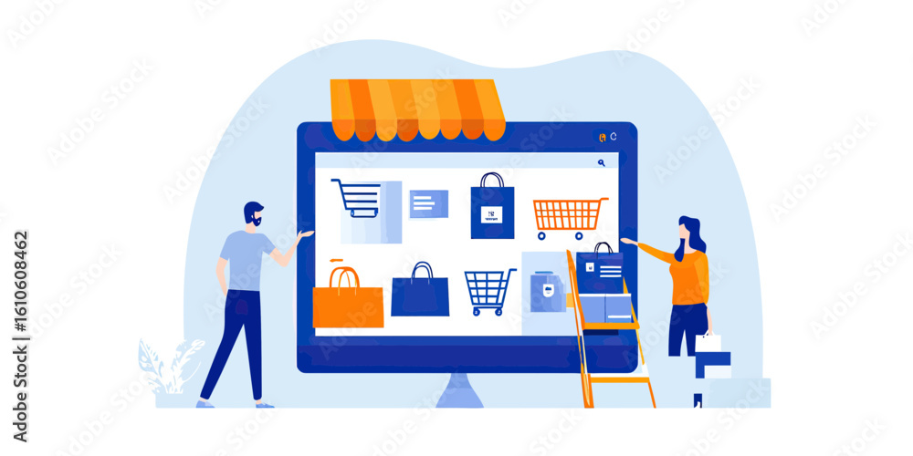 Poster online shopping concept with people selecting products on large computer screen ecommerce flat vecto