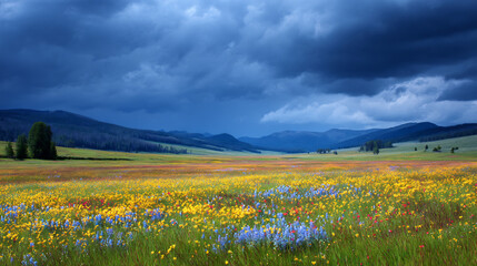 vast meadow wildflowers beneath storm clouds glowing landscape