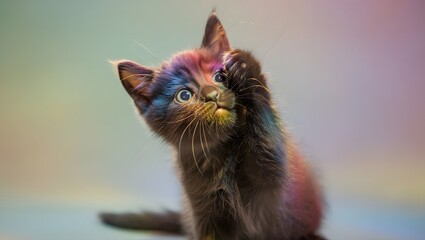 Playful kitten covered in colorful glitter reaching upwards
