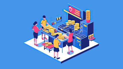 Isometric Vector Illustration of People Collecting and Sorting Gold Coins Next to Coin Counter Machine in Financial Money Management Concept