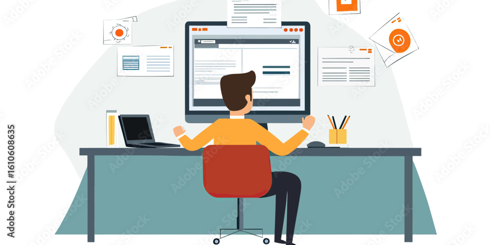 Poster businessman working on computer with multiple documents and digital files on screen and wall in mode