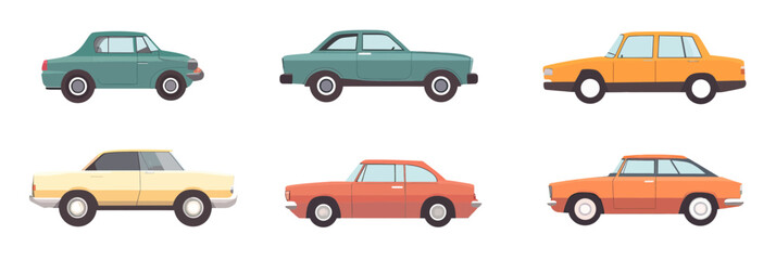 Set six vintage classic cars side view retro automobile collection flat design different colors minimalist vector illustration design transport concept