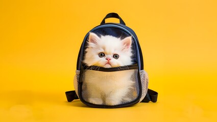 Adorable fluffy white kitten peeking out of a backpack