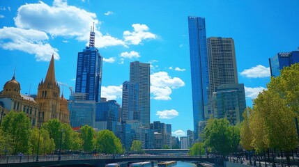 Naklejka premium Melbournes vibrant city skyline on a sunny day.