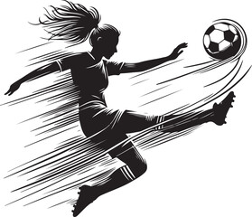 Energetic black-and-white vector artwork depicting a female soccer player mid-motion, striking a ball with precision and power.