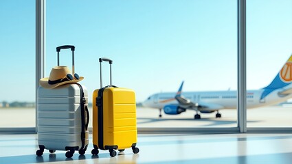 Suitcases in airport. Travel concept. 3d rendering
