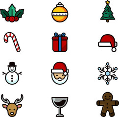 Fototapeta premium Collection of festive Christmas holiday vector icons. A mid-ground graphic set featuring seasonal symbols like Santa, reindeer, and snowman.