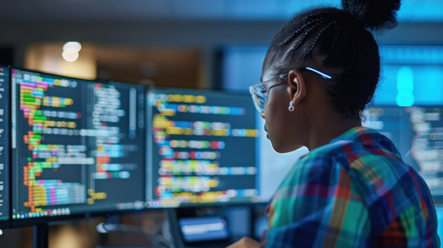Woman with glasses coding on multiple monitors in a dimly lit room with blue hues and plaid shirt
