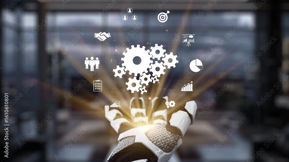 Poster a robotic hand showcases digital icons that symbolize advanced technology and innovation, emphasizin