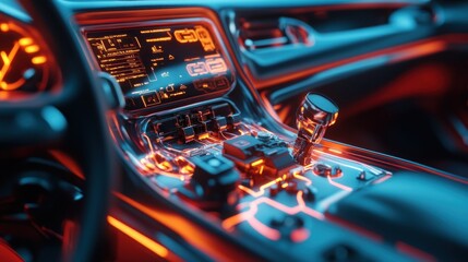 Futuristic Car Interior: Neon Lights and Advanced Technology
