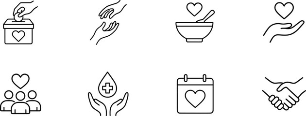 Charity and Volunteer Stroke Icon Collection. Containing Donation, Heart Care, Food Aid, Helping Hands, Community Support, and Medical Relief icons. Editable Stroke Outline Set.