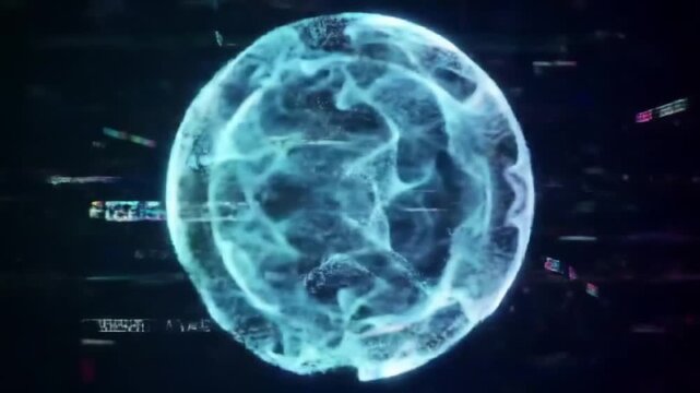 Looped distortion waves on an abstract particle sphere. Digital data splash with spherical point array. Futuristic glitch UI element animation.

