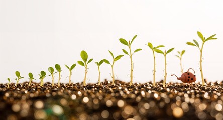 Seedlings growing in a row with a ladybug watering can on a white background in a studio shot