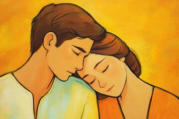 close-up couple resting heads together with yellow-orange pastel background