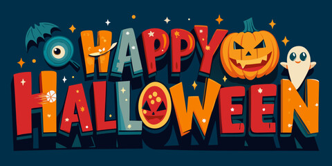Colorful cartoon Happy Halloween vector text with pumpkin, ghost, and bat