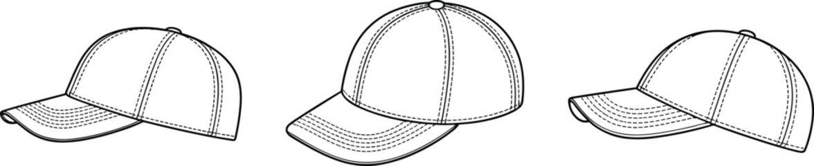 Flat vector CAD illustration of stitched baseball cap from three angles, showing curved visor, seam details, and fashion design structure