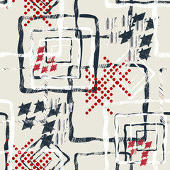 Seamless modern abstract pattern. Black, red figures on cream background.