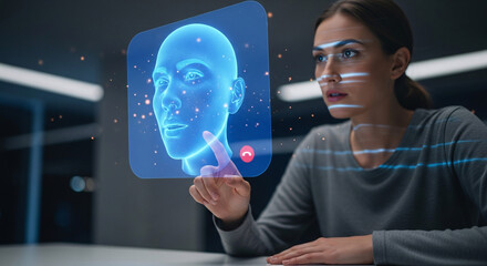 Glowing Blue Humanoid Face on Screen with Finger Touch.
