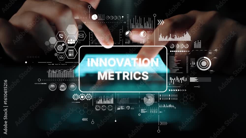Poster hands interacting with digital innovation metrics dashboard displaying data insights and performance