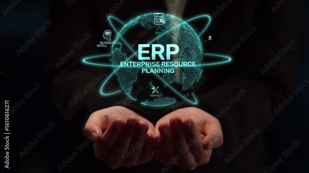 Poster erp platform visual showing centralized system for enterprise resource planning, improving integrati