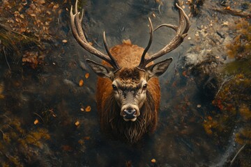 Close up of male red deer buck in the woods during autumn with antlers surrounded by water and foliage, Close up of A male red deer buck in the woods with view from above