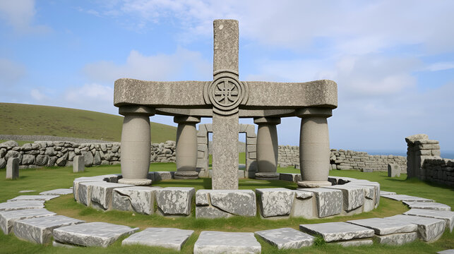 Ancient pagan temple or place of sacrifice, made of stone, in the shape of a Celtic cross or cross placed in a circle