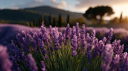 Obraz premium Lavender field blooming at sunset in provence, france