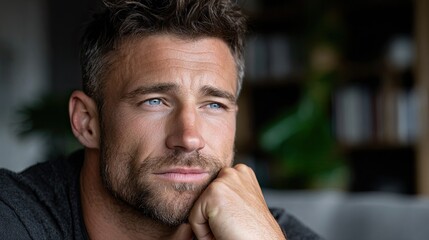 Naklejka premium Pensive mature man contemplating with hand on chin: close-up portrait